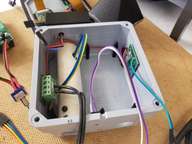 On the left: Phoenix connector for incoming 12DVC. Air tunnel with sensor. Right: 12V to 5V converter.